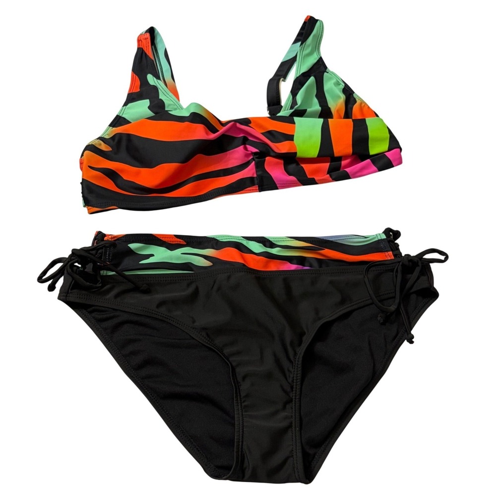 Unbranded Bikini Set Size 14 Multicolor Neon Tiger Print Womens Swim Excellent